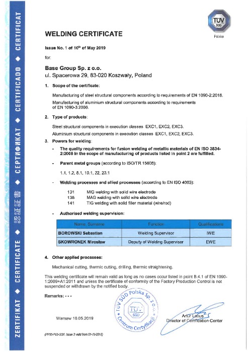 Certificate in EN 1090-2 and EN 1090-3