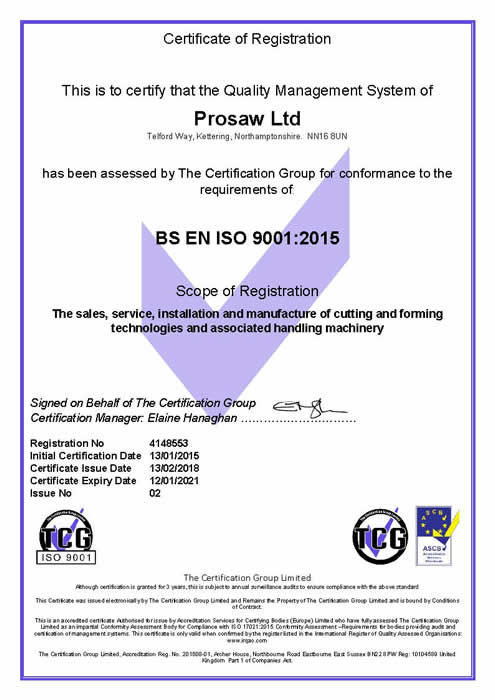 Prosaw Limited Renews ISO:9001 Accreditation
